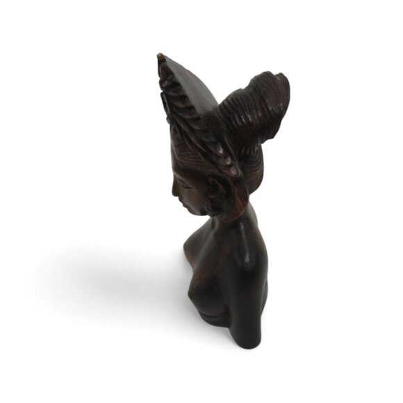 Female Wooden BUST Balinese Wooden With Floral Headdress from BALI 5" - Picture 8 of 10